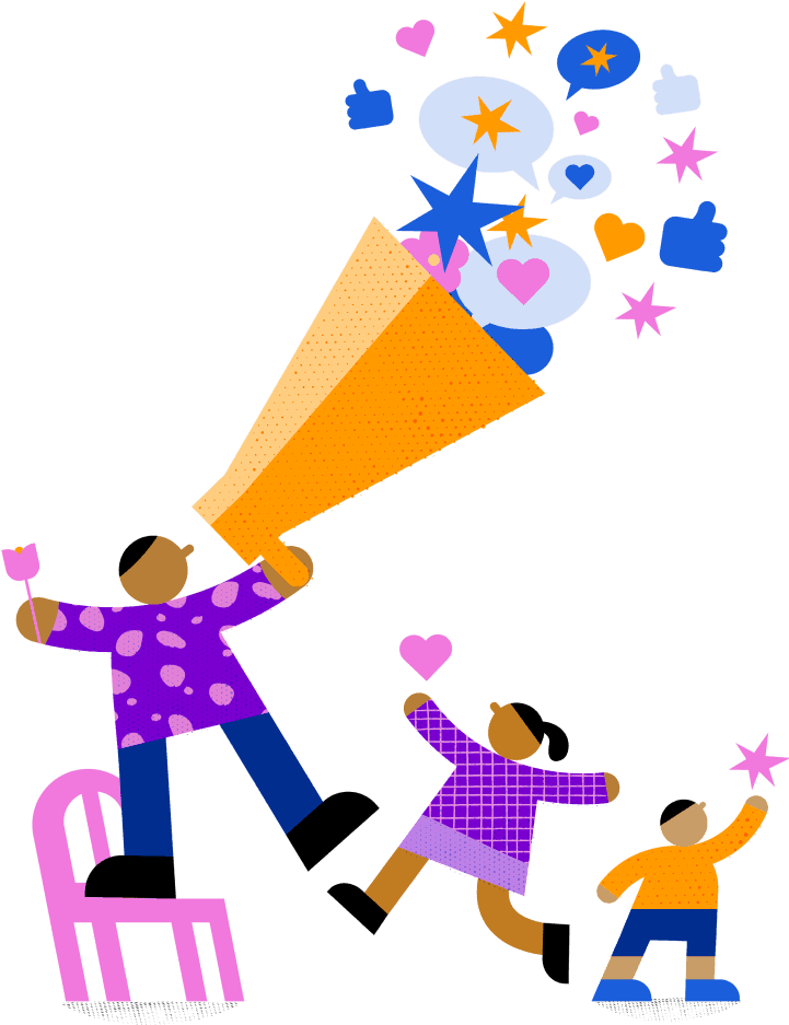 illustration of a person standing on a chair with a megaphone and two others cheering them on