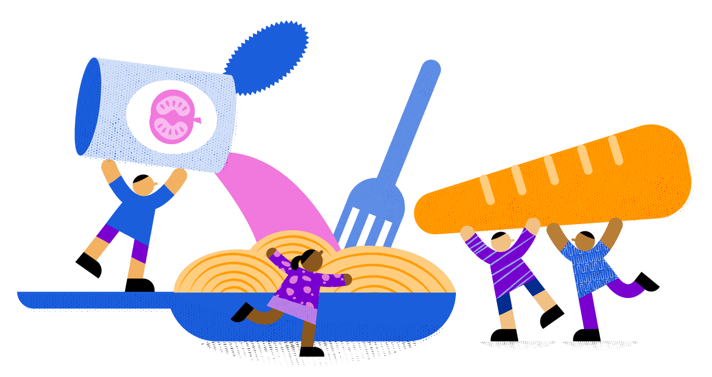 Whimsical illustration of a group of tiny people coming together to cook